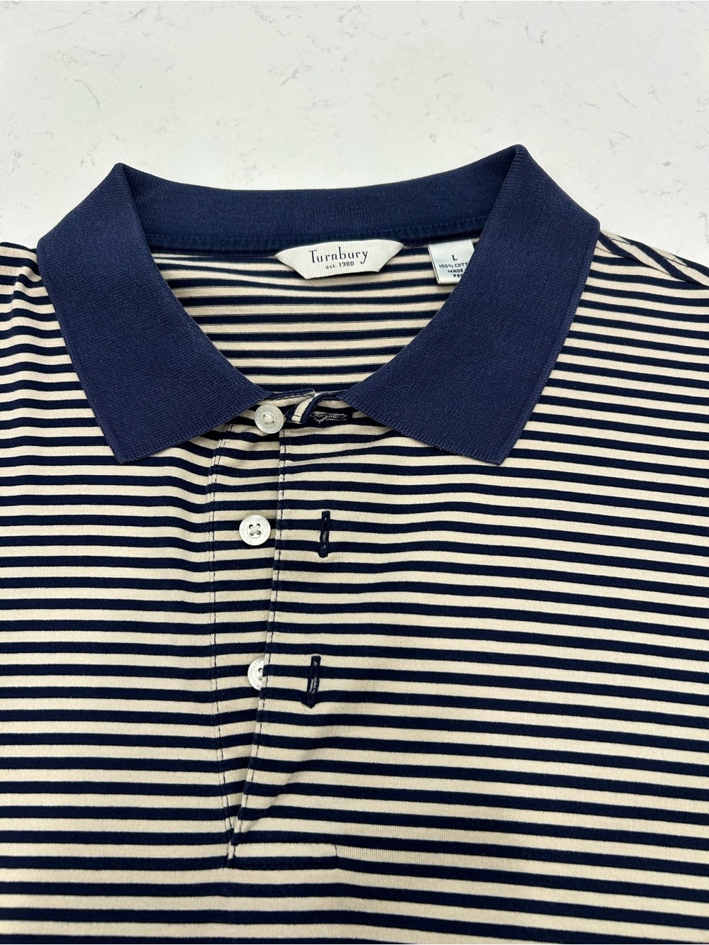 Turnbury Est. 1980 100% Peruvian Cotton Large Navy & Cream Stripe Preppy Costal - Picture 3 of 10